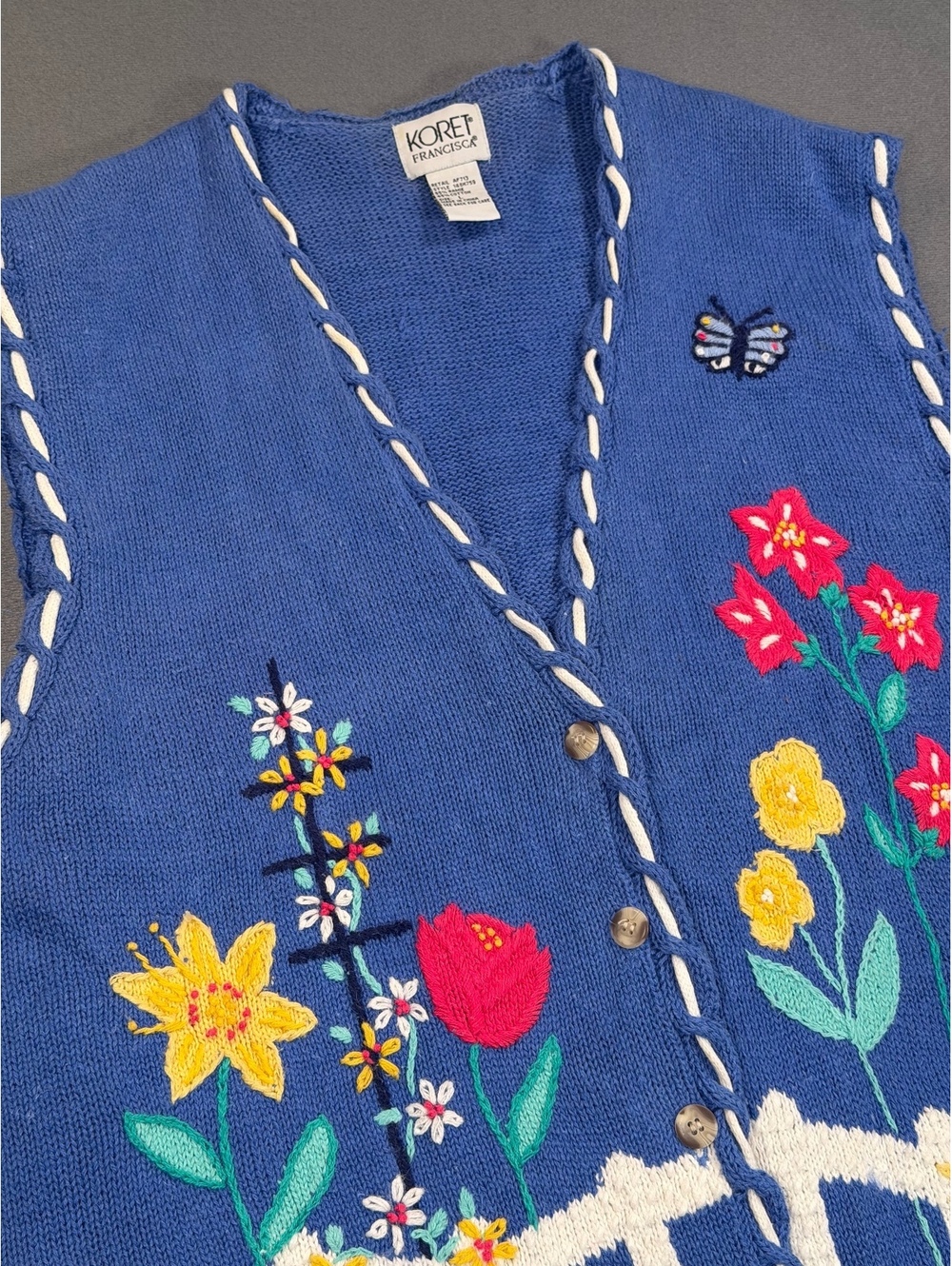 Koret Francisca Womens L Sweater Vest Embroidered Floral Butterfly Cottagecore